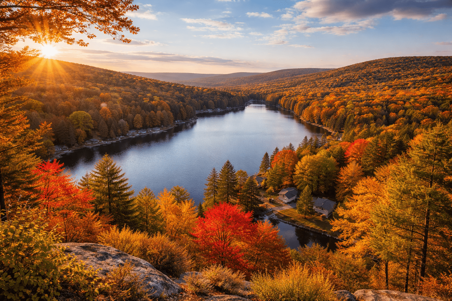 Scenic view of the Pocono Mountains in Pennsylvania with forested hills and a lake during golden hour