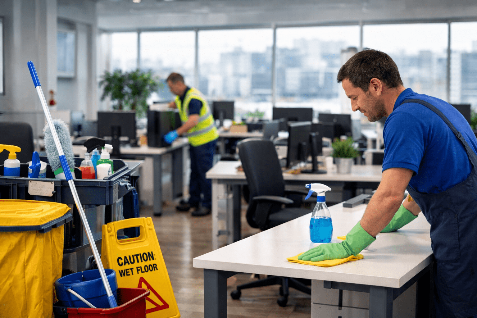 Janitorial staff cleaning a modern office workspace to support a clean and organized business environment in Bridgeport, Connecticut