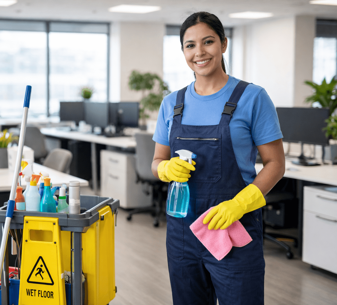 Professional commercial cleaner in a modern office workspace