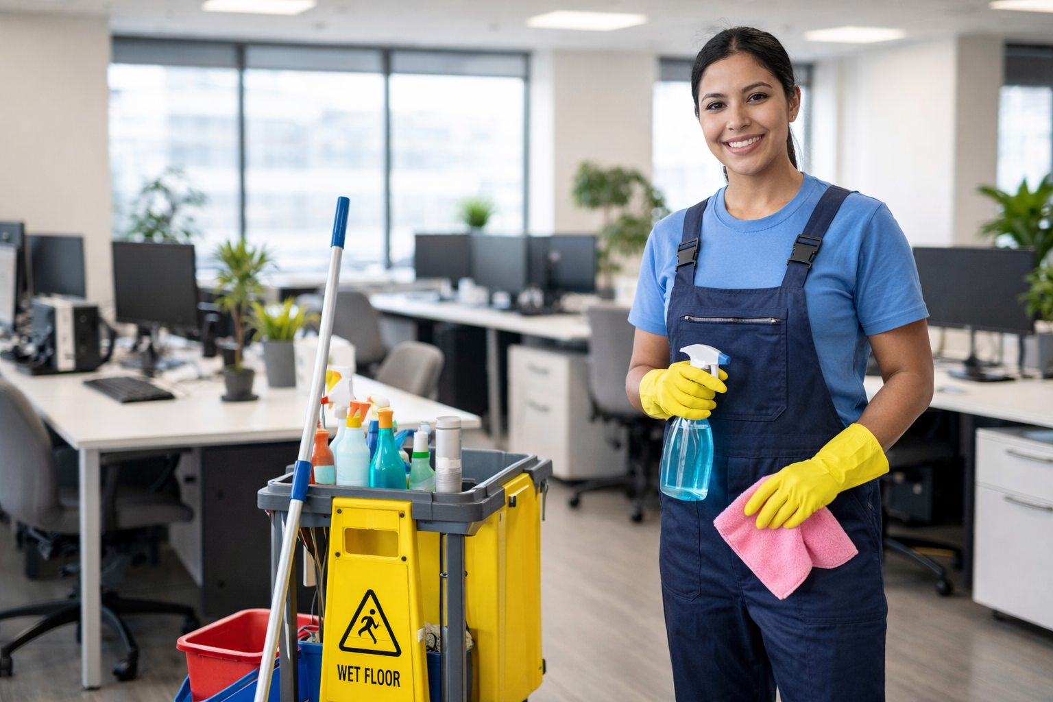 smiling janitor in modern office