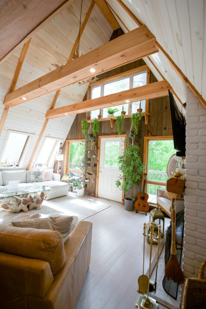 Bright A-frame vacation rental living room with natural light